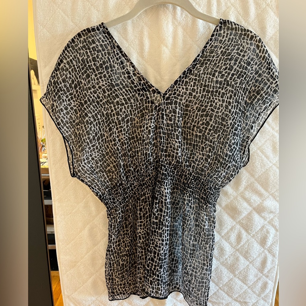 Grace Elements Petite Animal Print Sheer Top - Ruched Waist and V-Neck + Back PP
